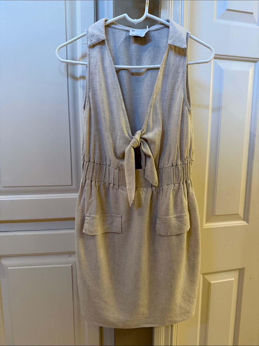 Linen-Viscose Blend Taupe Tie-Front Sleeveless Mini Dress